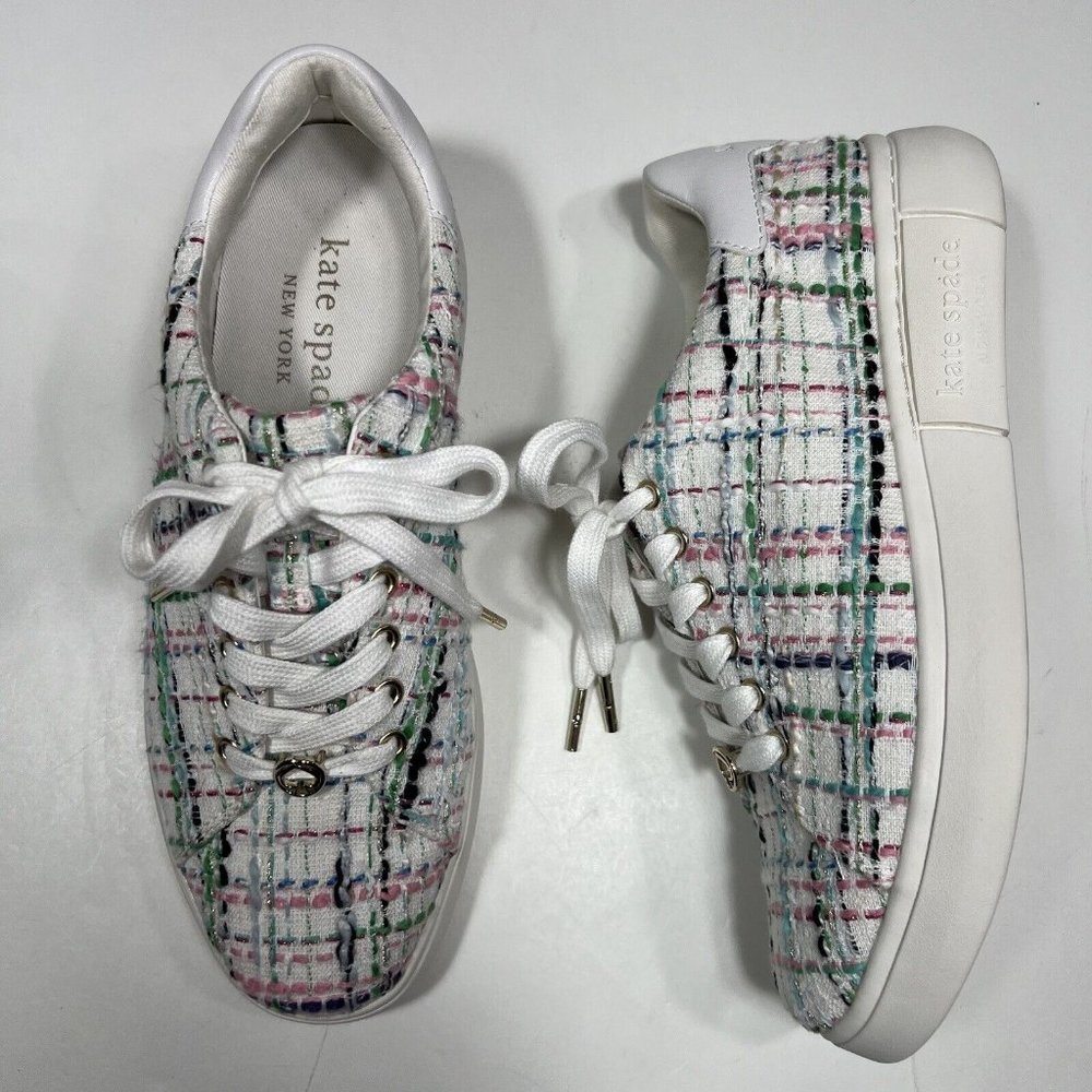 Kate Spade Lift Multicolor White Tweed Plaid Lace Up Casual Fashion Sneakers 8B